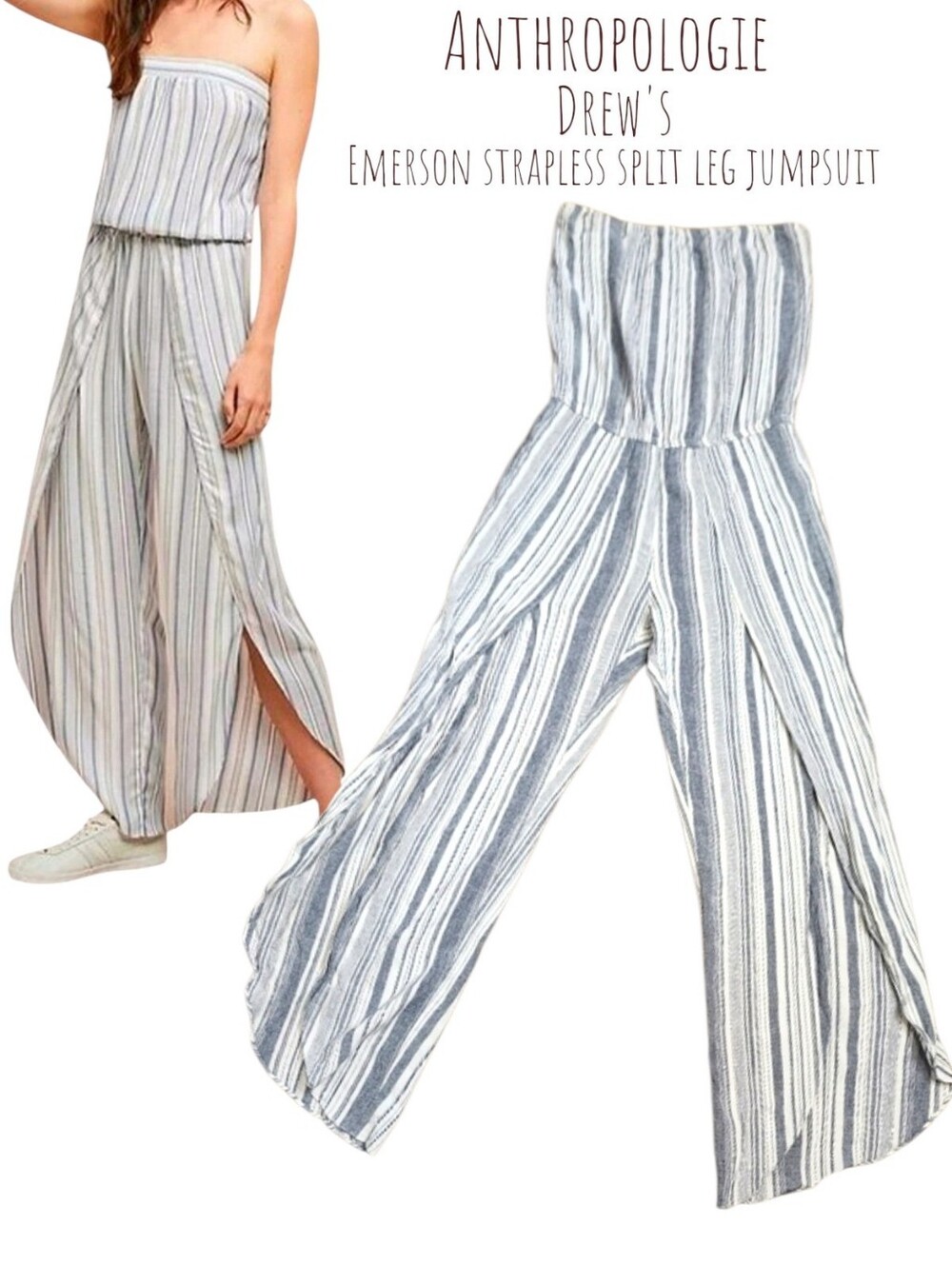 DREW by Anthropologie EMERSON Women Stripe Strapless Bandeau Jumpsuit Slit Leg S
